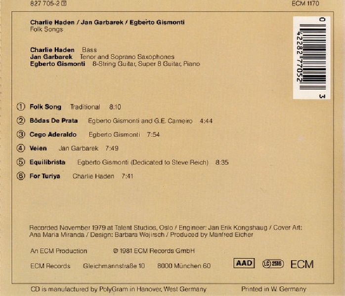 JAN GARBAREK & CHARLIE HADEN & EGBERTO GISMONTI - FOLK SONGS (CD) (1981)