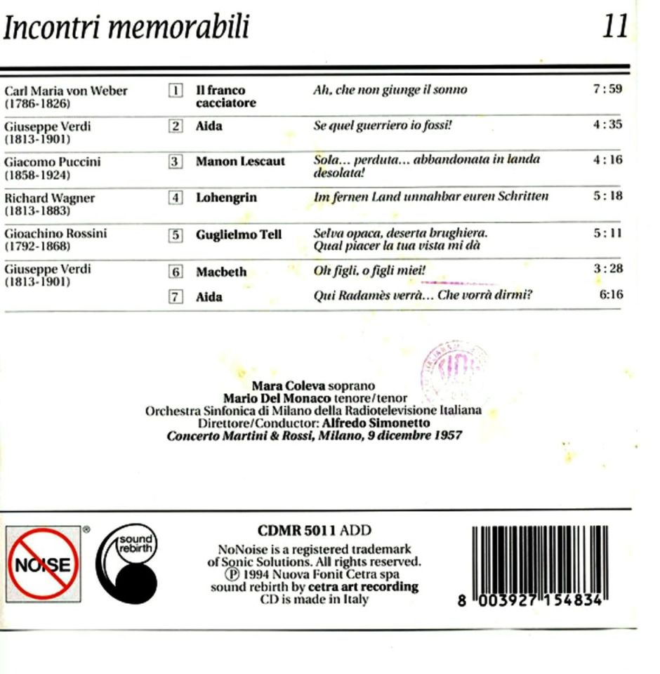 MARA COLEVA & MARIO DEL MONACO - INCONTRI MEMORABILI NO.11  (CD) (1994)