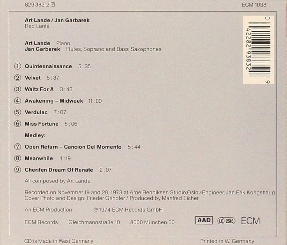JAN GARBAREK & ART  LANDE - RED LANTA (CD) (1974)