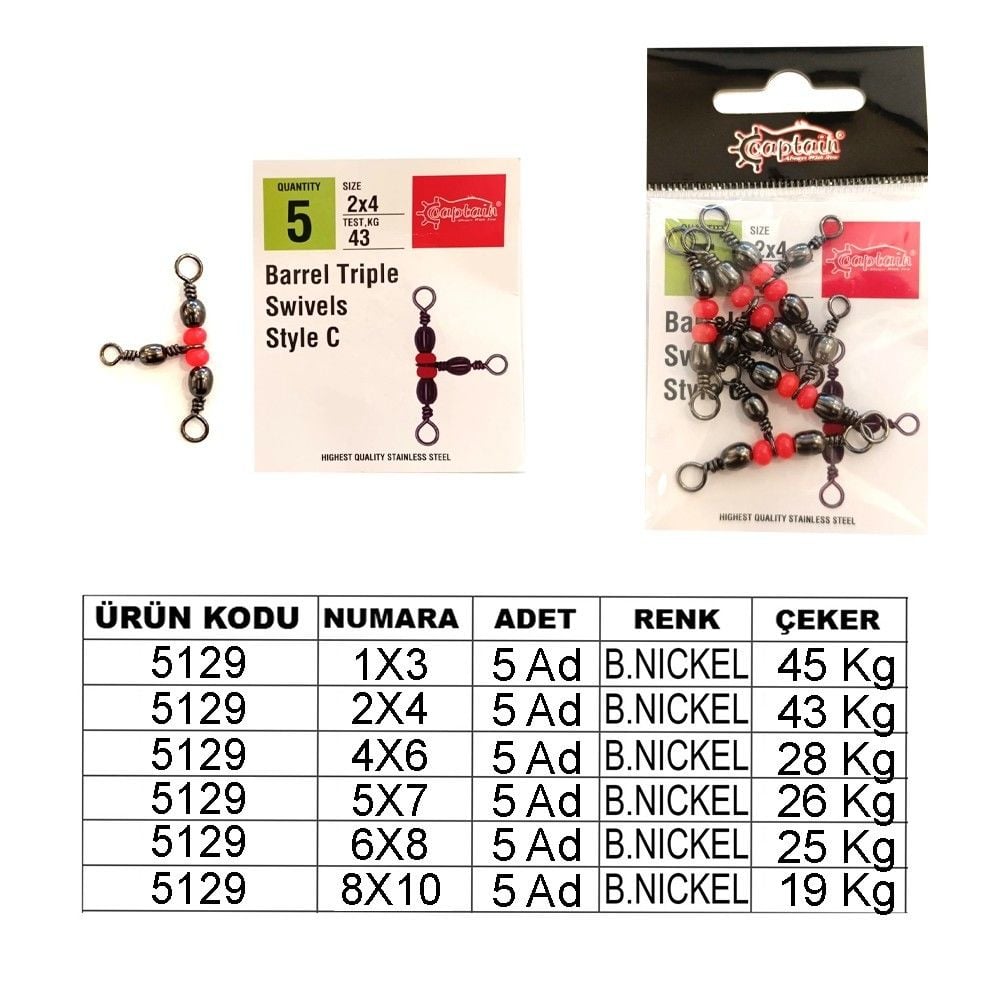 Captain 5129 Üçlü Boncuklu T Fırdöndü 5li Paket Black Nikel