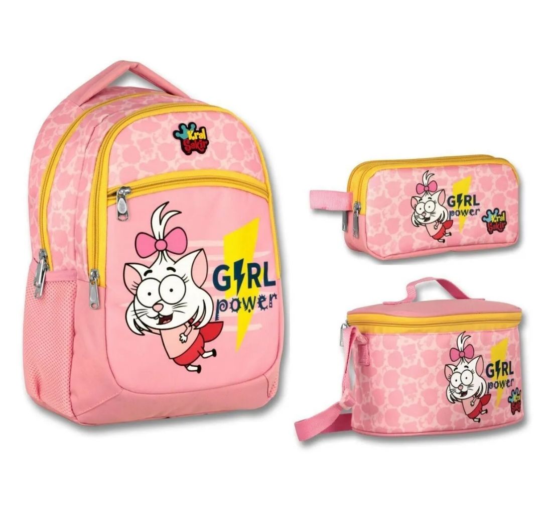 4021 Kral Şakir Pembe Girl Power Kız Çocuk Üçlü İlkokul Çanta Seti