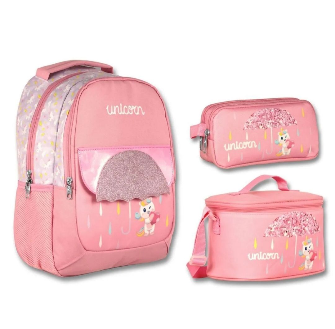 4107 Cennec Simli Unicorn Baskılı Pembe Kız Çocuk Üçlü İlkokul Çanta Seti