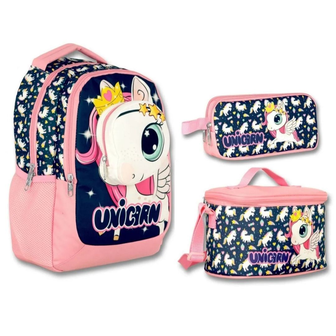 4118 Cennec 3D Unicorn Kız Çocuk Üçlü İlkokul Çanta Seti