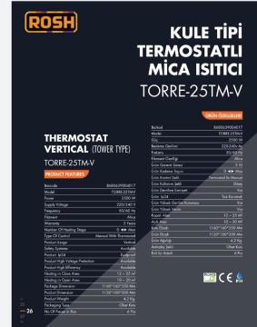 Rosh TORRE  KULE TİPİ 2500 W DİK ISITICI