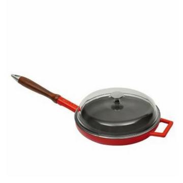 LAVA DÖKÜM KIZARTMA TAVASI, AHŞAP KULPLU, CAM KAPAKLI. ÇAP(Ø)28CM. - KIRMIZI