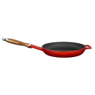 LAVA DÖKÜM KIZARTMA TAVASI, AHŞAP KULPLU, CAM KAPAKLI. ÇAP(Ø)28CM. - KIRMIZI