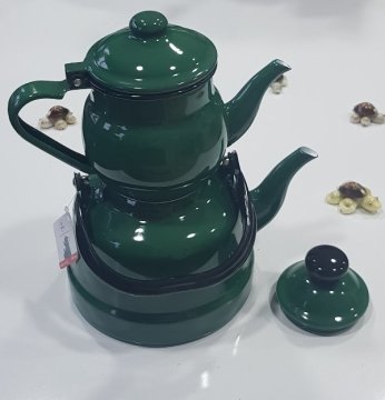 Emaye Nostaljik Küçük Boy Çaydanlık Takımı - Yeşil Renk Ebru Metal - 0.7 litre + 1.7 litre