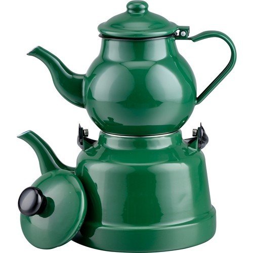 Emaye Nostaljik Orta Boy Çaydanlık Takımı - YEŞİL Renk Ebru Metal Orta Boy - 1.1l lt üst +2.5 lt alt