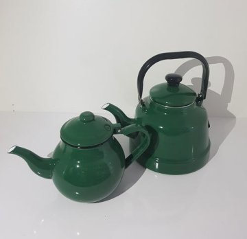 Emaye Nostaljik Orta Boy Çaydanlık Takımı - YEŞİL Renk Ebru Metal Orta Boy - 1.1l lt üst +2.5 lt alt