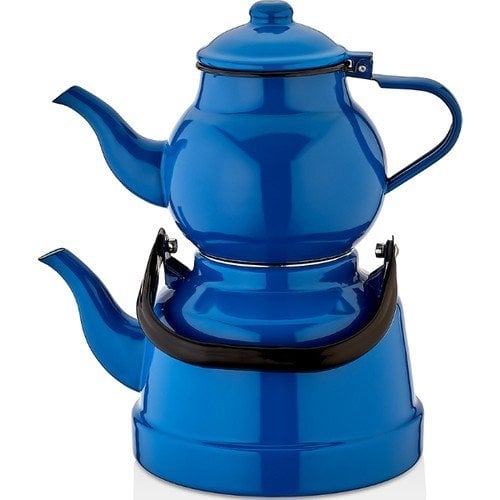 Emaye Nostaljik Orta Boy Çaydanlık Takımı - Mavi Renk Ebru Metal Orta Boy - 1.1l lt üst +2.5 lt alt