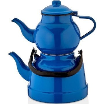 Emaye Nostaljik Orta Boy Çaydanlık Takımı - Mavi Renk Ebru Metal Orta Boy - 1.1l lt üst +2.5 lt alt