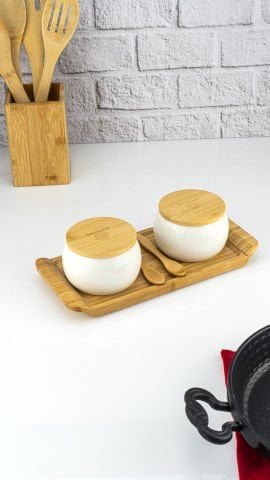 Simple - 2'li Bambu Kapaklı Porselen Kavanoz Seti