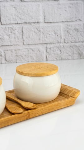 Simple - 2'li Bambu Kapaklı Porselen Kavanoz Seti