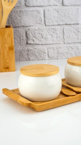 Simple - 2'li Bambu Kapaklı Porselen Kavanoz Seti