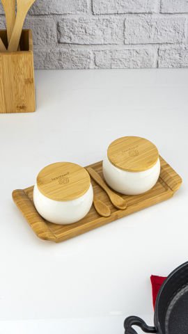 Simple - 2'li Bambu Kapaklı Porselen Kavanoz Seti