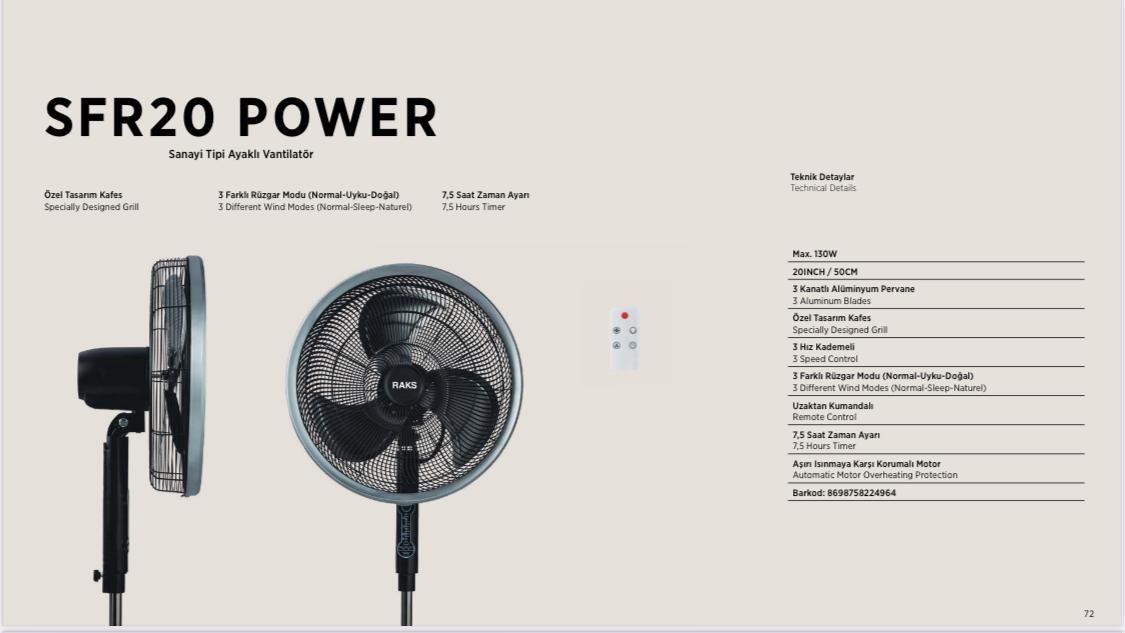 Raks Sanayi Tipi SFR 20 POWER Vantilatör 130W