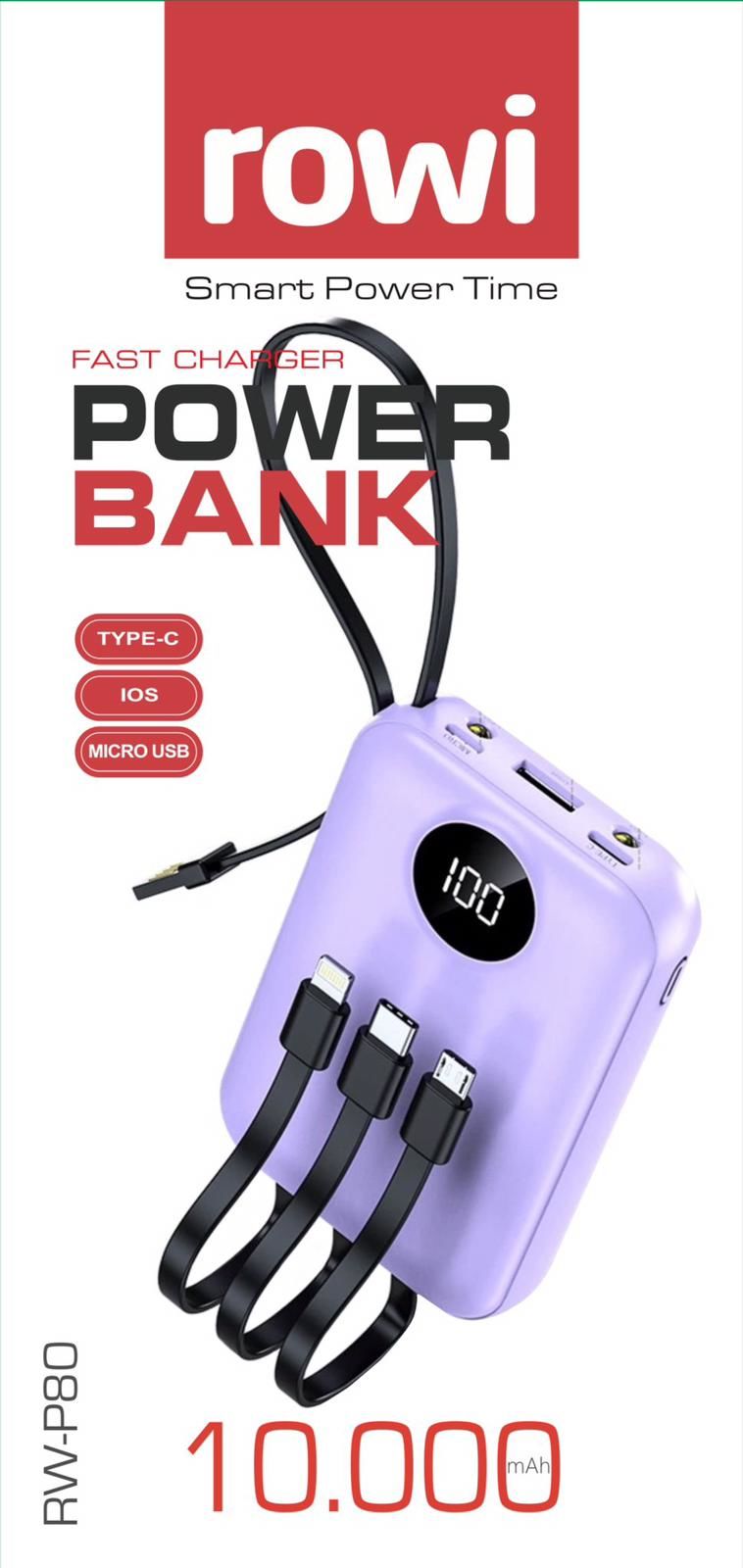 10000 mAh Dahili Kablolu Rowi Powerbank