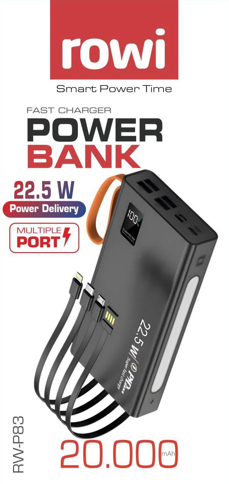 20000 mAh 22.5W Hızlı Şarj Dahili Kablolu Rowi Powerbank Siyah