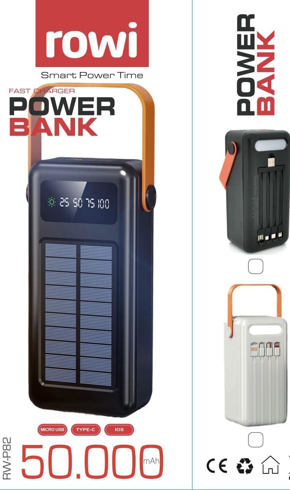 50000 mAh Güneş Enerjili Dahili Kablolu Rowi Powerbank