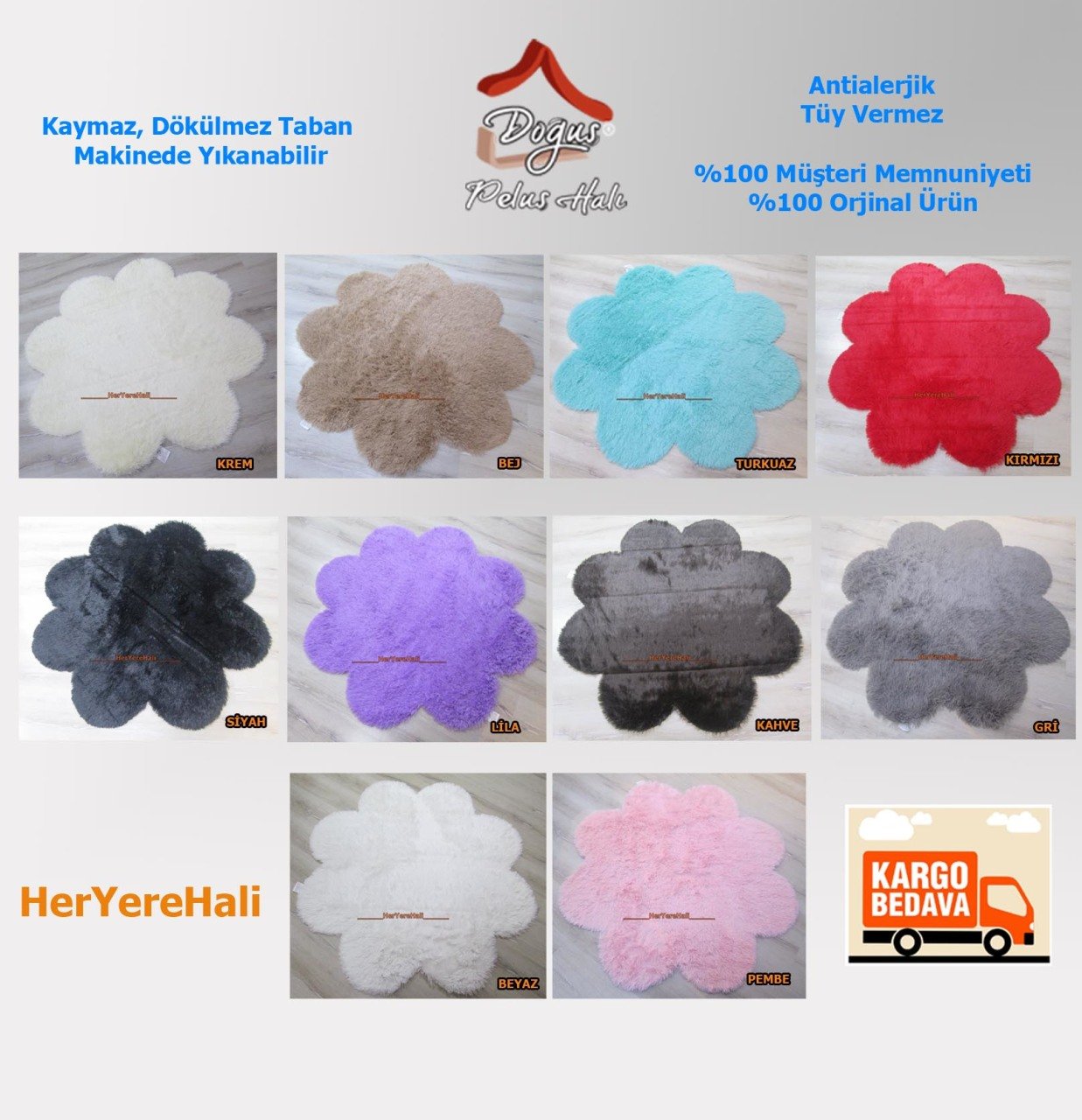 Doğuş Peluş Tavşan Tüyü 140x140cm Papatya Şeklinde Halı