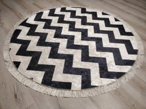 YamalıHome Style Viva7803 Siyah Beyaz Zikzak 120x120 cm Yuvarlak Kilim