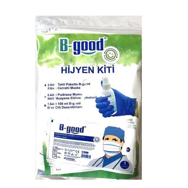 BGood Hijyen Kiti - 5 Adet Maske, 5 Adet Pudrasız Mavi Nitril Eldiven Orta Boy, 100ml Dezenfektan