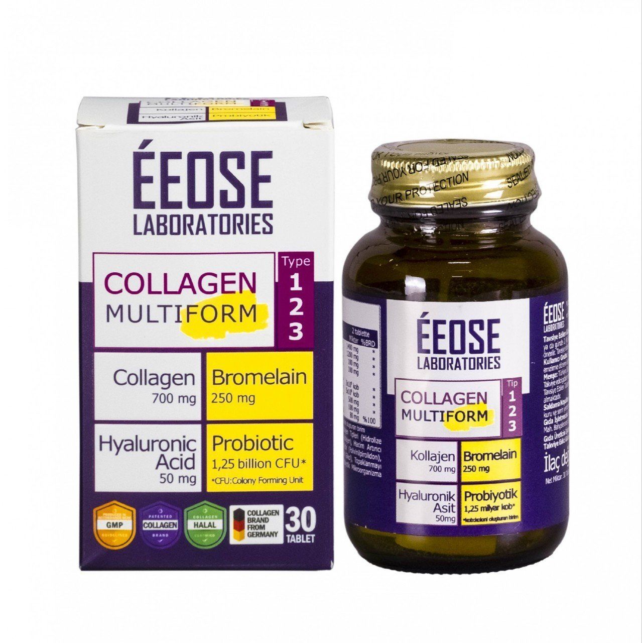 EEOSE Multiform Hidrolize Kollajen, Bromelain, Hyaluronik Asit ve Probiyotik Mikroorganizma 30 Tablet