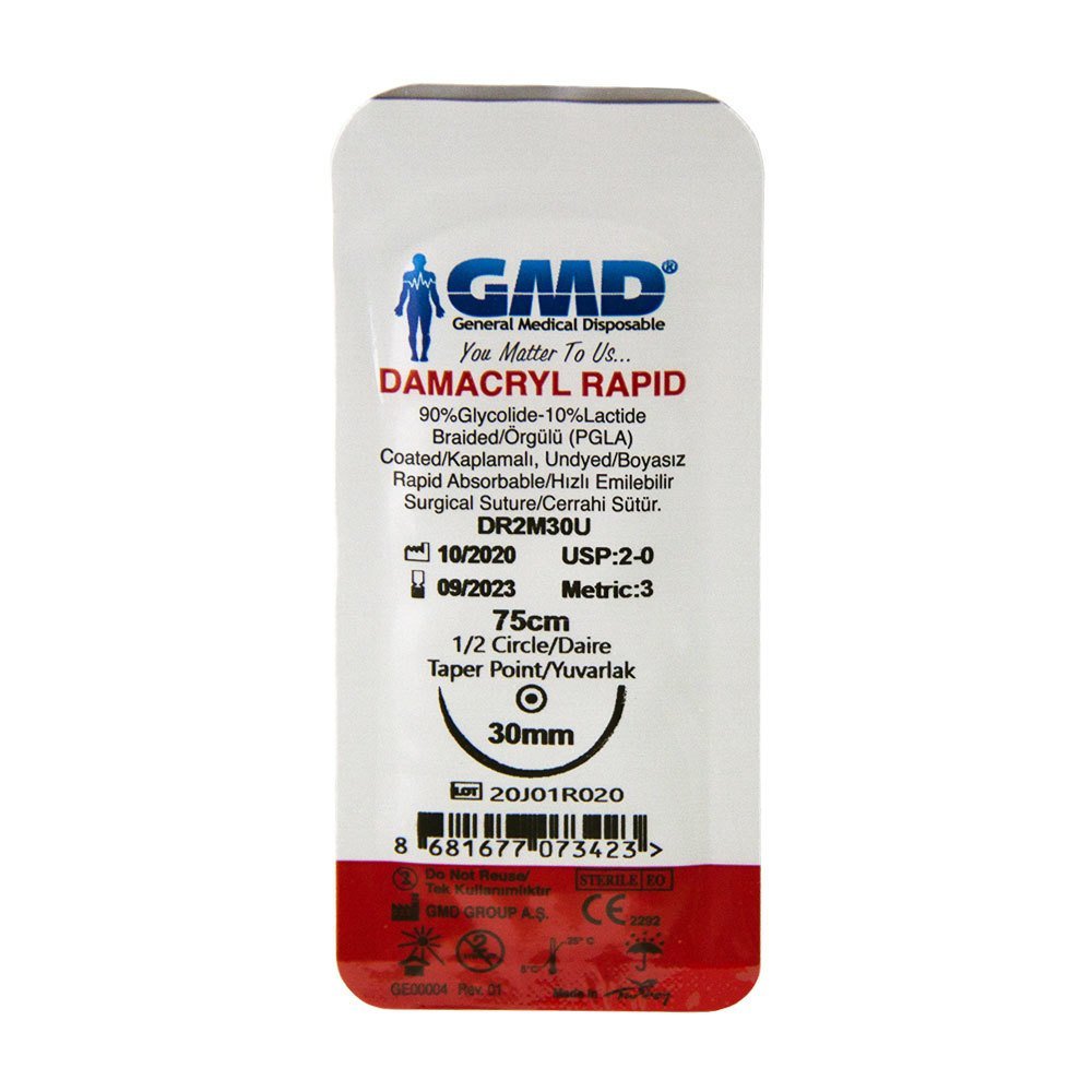 Damacryl Rapid 2/0 30MM Yuvarlak 1/2 75CM Emilebilir İplik