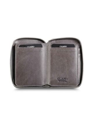 Gri Tiguan Gerçek Deri Fermuarlı Mini Cüzdan - Guard