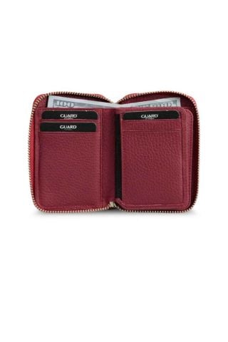 Kırmızı Gerçek Deri Fermuarlı Mini Cüzdan - Guard