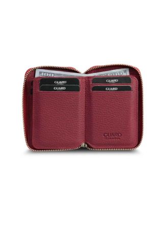 Kırmızı Gerçek Deri Fermuarlı Mini Cüzdan - Guard