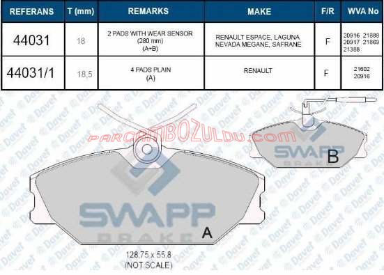 Ön Fren Balatası Megane 1-Laguna 1- Safrane 1.6 16V Fişli - 7701206379