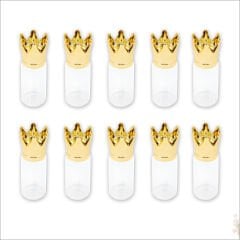 Cam Tüp Şişe 6,5cm x 2,2cm, Kral Tacı Altın Kapaklı-10 Adet