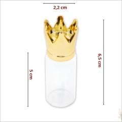 Cam Tüp Şişe 6,5cm x 2,2cm, Kral Tacı Altın Kapaklı-10 Adet