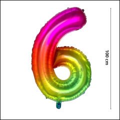 6 Yaş Rakam Folyo Balon, 100 cm - Gökkuşağı