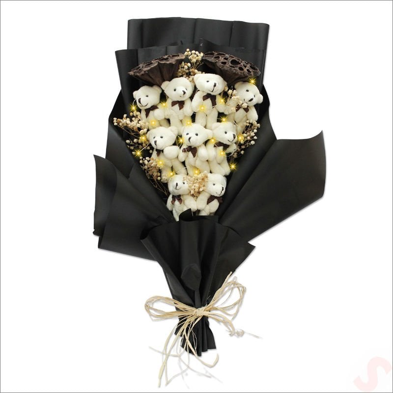 9 Pelüş Ayıcıklı, Kuru Çiçekli ve Led Işıklı Buket, 54x36cm