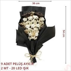 9 Pelüş Ayıcıklı, Kuru Çiçekli ve Led Işıklı Buket, 54x36cm