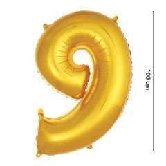 9 Yaş Rakam Folyo Balon, 100 cm - Altın