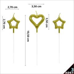 Metalik 1 Kalp ve 2 Yıldız MuM, 10,5cm x 3 Adet - Altın