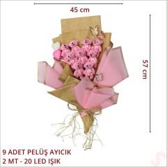 9 Pelüş Ayıcıklı ve Led Işıklı Buket, 57cm x 45cm - Pembe