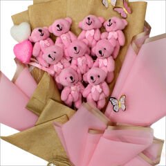 9 Pelüş Ayıcıklı ve Led Işıklı Buket, 57cm x 45cm - Pembe