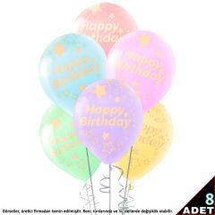 Happy Birthday Çok Renkli Makaron Balon, 30cm x 8 Adet