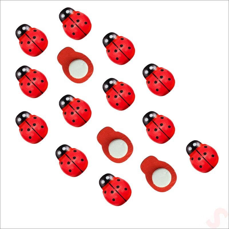 Uğur Böceği Ahşap Sticker, 1,5cm x 1,2cm  x 15 Adet - Kırmızı