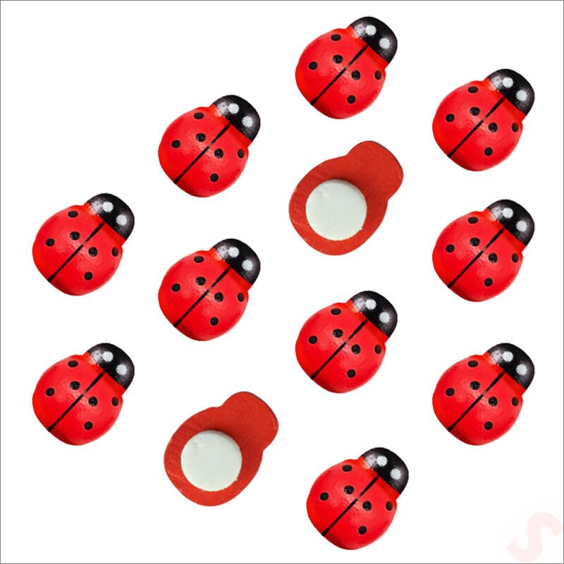 Uğur Böceği Ahşap Sticker, 1,9cm x 1,4cm  x 12 Adet - Kırmızı