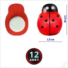 Uğur Böceği Ahşap Sticker, 1,9cm x 1,4cm  x 12 Adet - Kırmızı