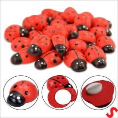 Uğur Böceği Ahşap Sticker, 1,9cm x 1,4cm  x 12 Adet - Kırmızı