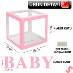 Baby Yazılı Şeffaf Balon Kutusu, 30cm x 4 Adetli Set - Pembe