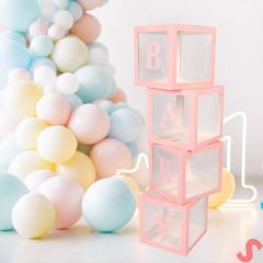 Baby Yazılı Şeffaf Balon Kutusu, 30cm x 4 Adetli Set - Pembe