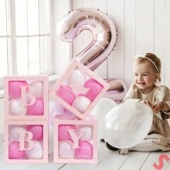 Baby Yazılı Şeffaf Balon Kutusu, 30cm x 4 Adetli Set - Pembe
