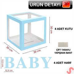 Baby Yazılı Şeffaf Balon Kutusu, 30cm x 4 Adetli Set - Mavi